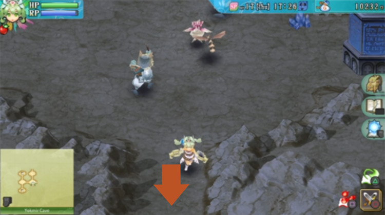 An area of Yokmir Cave with a blue pillar blocking the path on the east / Rune Factory 4