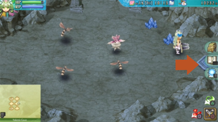 A blue pillar lowered underground revealing a passable route in Yokmir Cave / Rune Factory 4