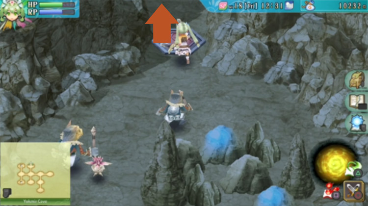 A red pillar lowered underground revealing a route heading north in Yokmir Cave / Rune Factory 4