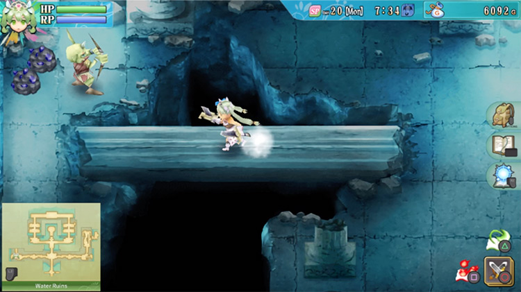 A room with a fallen pillar in the Water Ruins / Rune Factory 4