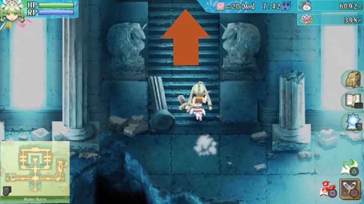 A staircase leading to a higher floor in the Water Ruins / Rune Factory 4