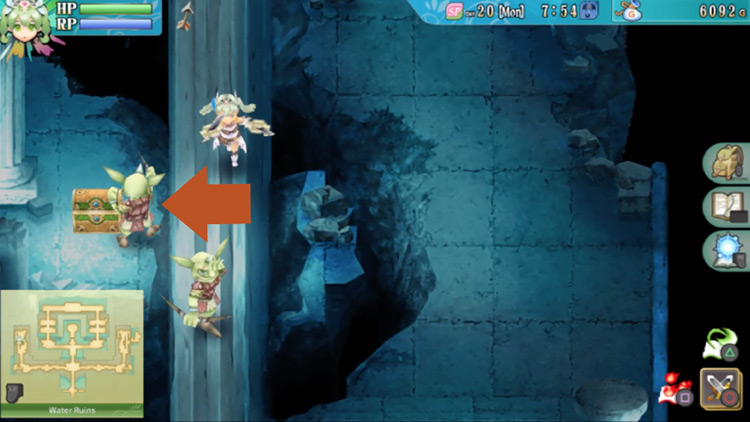 A treasure chest containing an Aquamarine and Bronze in the Water Ruins / Rune Factory 4