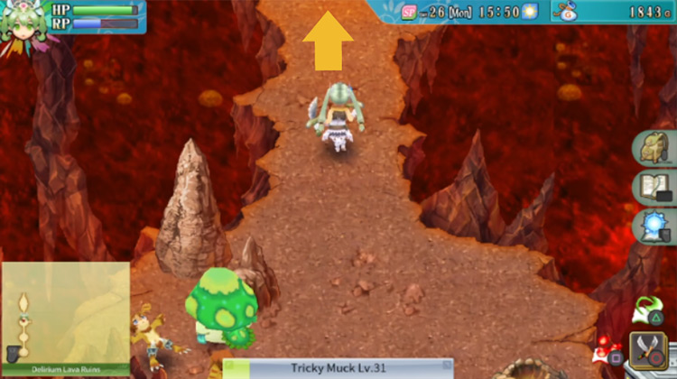 An area in the Delirium Lava Ruins with a yellow pillar blocking the path on the east / Rune Factory 4