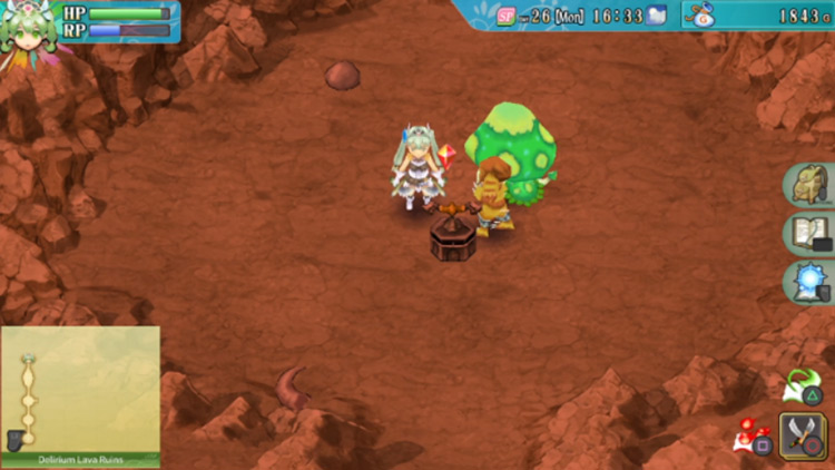 Frey with her tamed monsters and a yellow switch in the Delirium Lava Ruins / Rune Factory 4