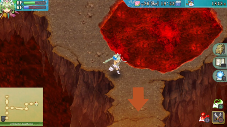 An area in the Delirium Lava Ruins with a huge hole in the center / Rune Factory 4