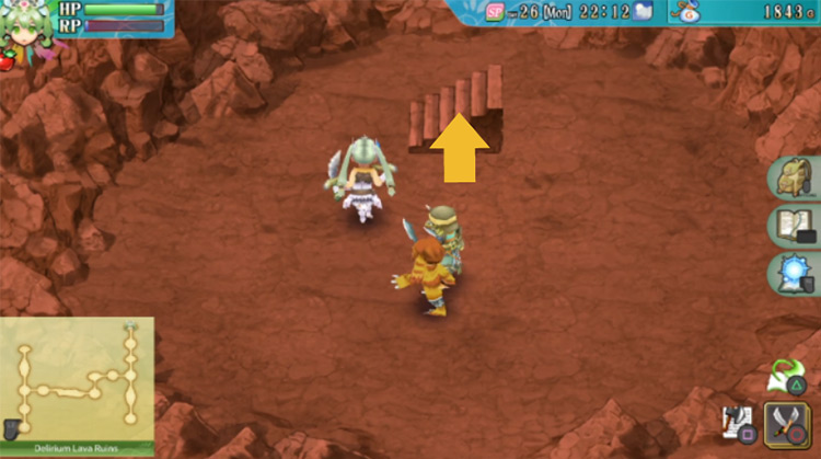 A staircase leading to the second floor of the Delirium Lava Ruins / Rune Factory 4