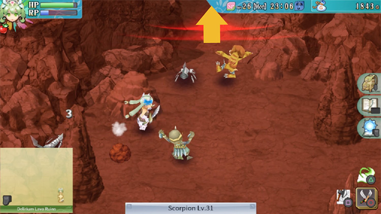 A small area in the Delirium Lava Ruins with a barrier blocking the path going north / Rune Factory 4