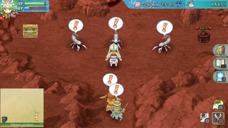 An area in the Delirium Lava Ruins with a chest and a green switch / Rune Factory 4