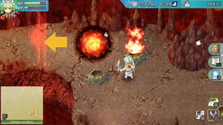A Blaze Gate by some geysers and a barrier in the Delirium Lava Ruins / Rune Factory 4