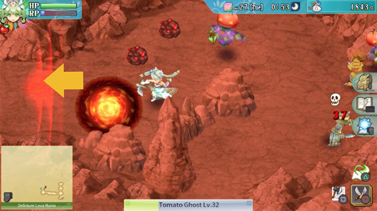 An area with a barrier blocking the path heading west in the Delirium Lava Ruins / Rune Factory 4