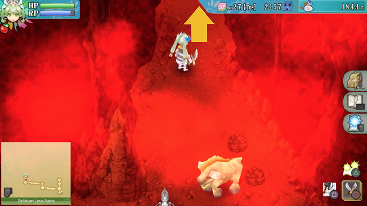 A vertical stretch in the Delirium Lava Ruins filled with a red haze / Rune Factory 4