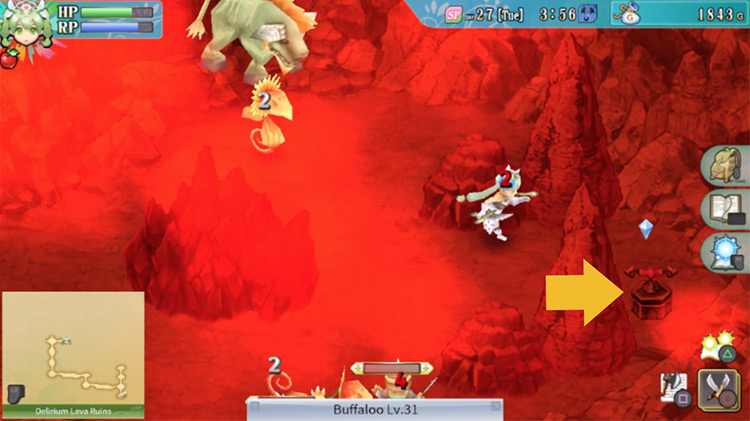 A pink switch in an area filled with red haze in the Delirium Lava Ruins / Rune Factory 4