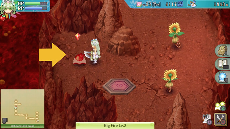 A Big Fire spell from a treasure chest in the Delirium Lava Ruins / Rune Factory 4