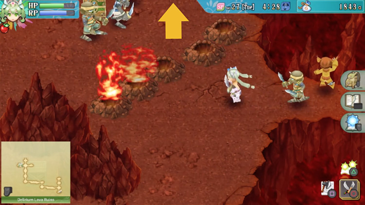 An area in the Delirium Lava Ruins with a line of geysers blocking the way / Rune Factory 4