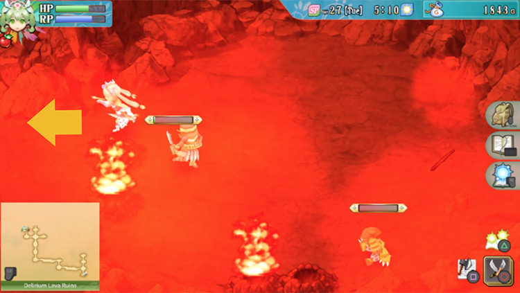 A room in the Delirium Lava Ruins with red haze and geysers blocking the exits / Rune Factory 4