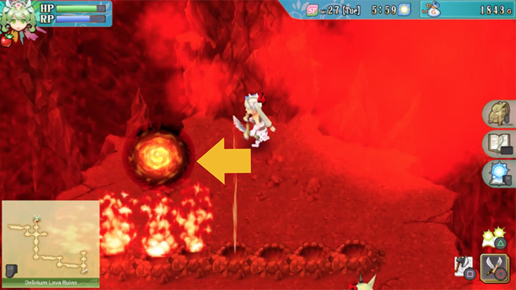 A narrow passage where the geysers don’t reach in the Delirium Lava Ruins / Rune Factory 4