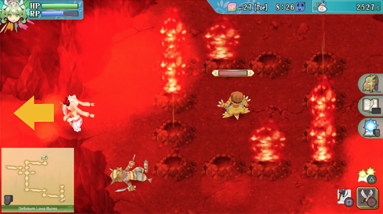 An area in the Delirium Lava Ruins with a wall of geysers in the center / Rune Factory 4