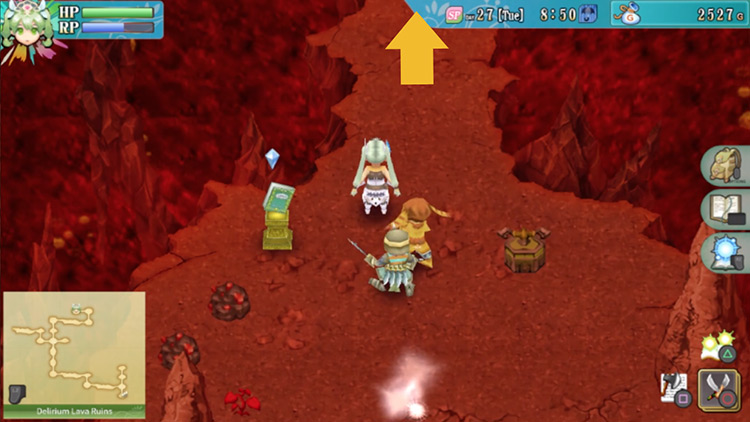 An area in the Delirium Lava Ruins with a save point and a portal to the entrance / Rune Factory 4