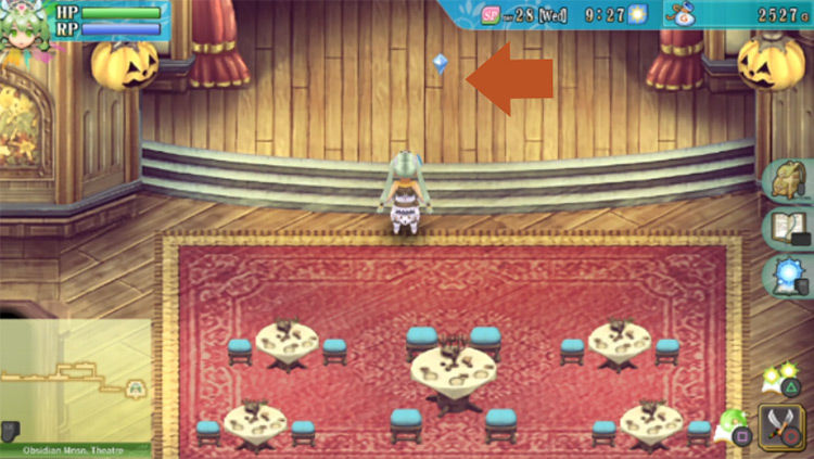 The Obsidian Mansion boss room with the blue icon / Rune Factory 4