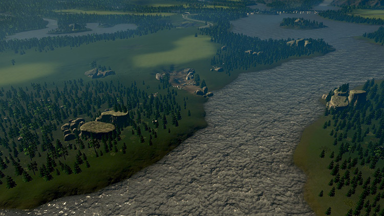 Details such as these rock formations near the rivers add to this map’s beauty / Cities: Skylines
