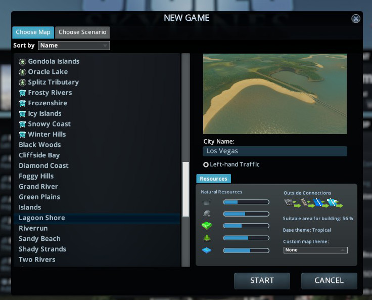 Lagoon Shore’s details in the new game screen / Cities: Skylines