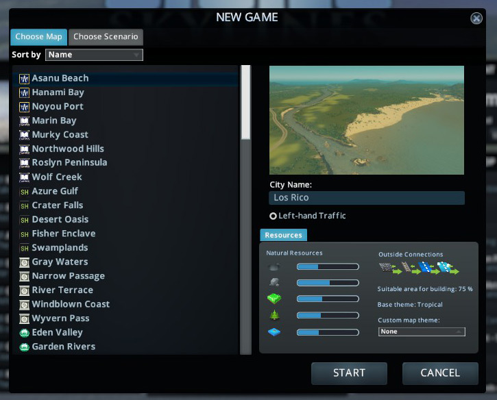 Asanu Beach in the new game screen / Cities: Skylines
