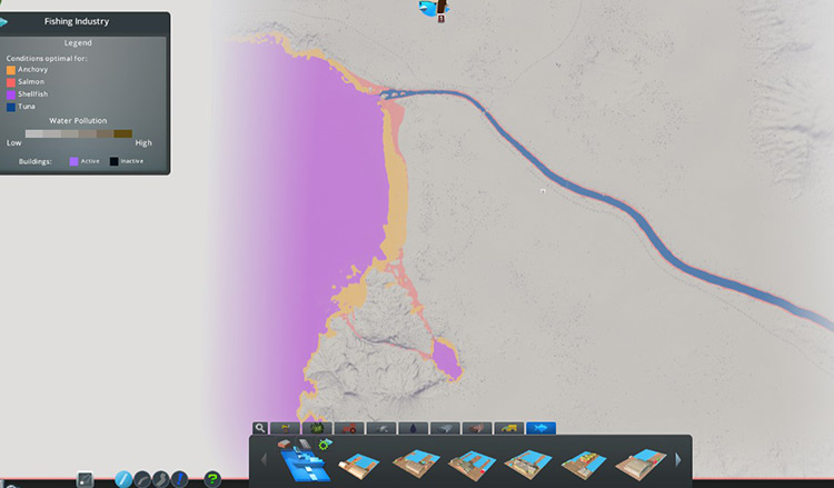 Fish on Asanu Beach. Shellfish (magenta) and anchovy (yellow) in the sea; tuna (blue) and salmon in the river / Cities: Skylines