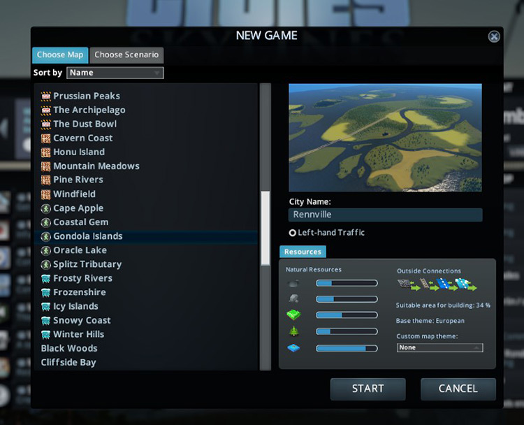 The Gondola Islands map in the new game screen / Cities: Skylines