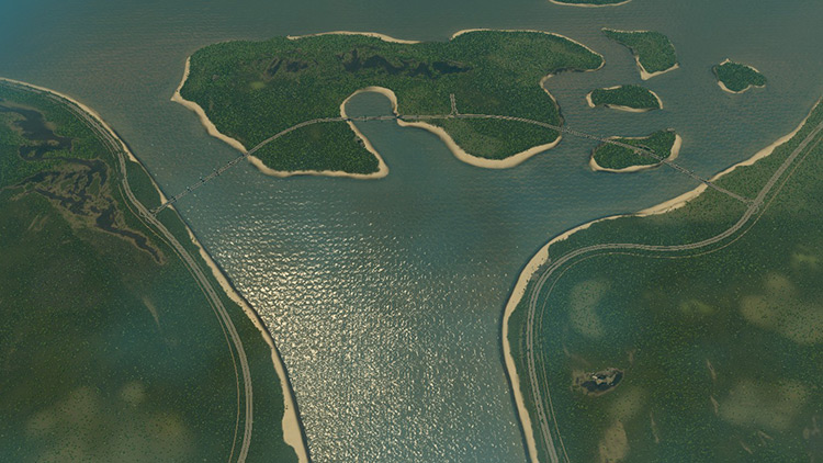 Honu Island’s long highways along the mainland coastlines, and a connection that runs across the southern part of the island / Cities: Skylines