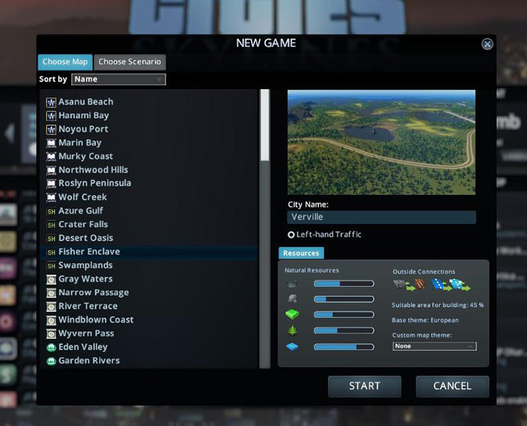 Fisher Enclave in the new game screen / Cities: Skylines