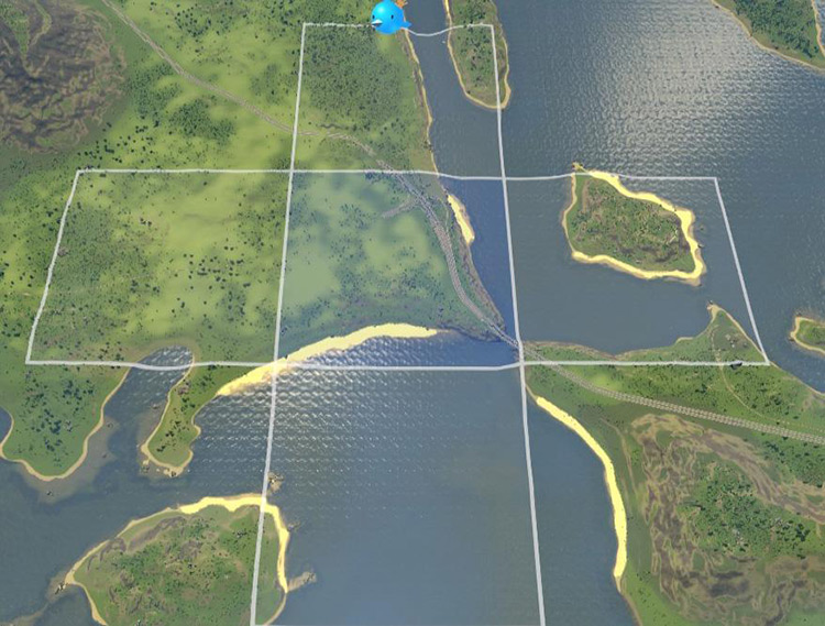 The four tiles you can select from as your first expansion on Narrow Passage / Cities: Skylines