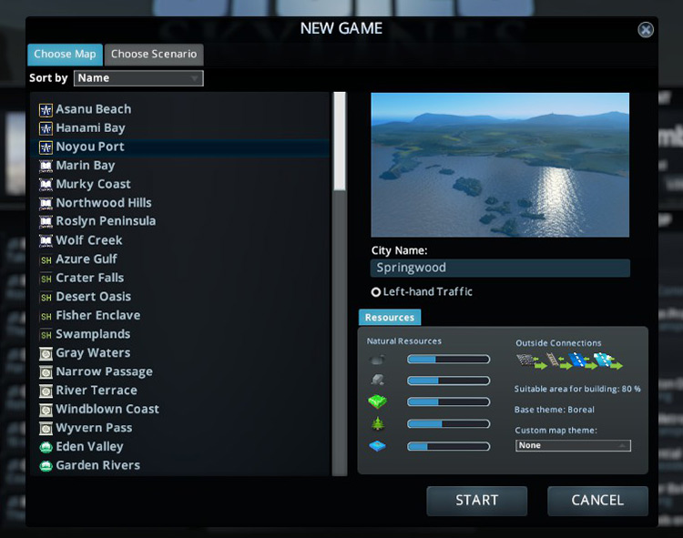 Noyou Port in the new game menu / Cities: Skylines