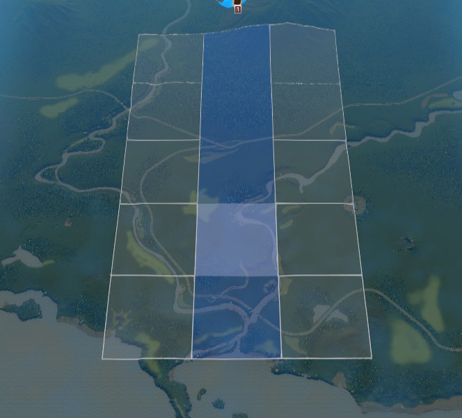 You have three rows of purchasable tiles above, and only one row below, your starting tile (highlighted) / Cities: Skylines
