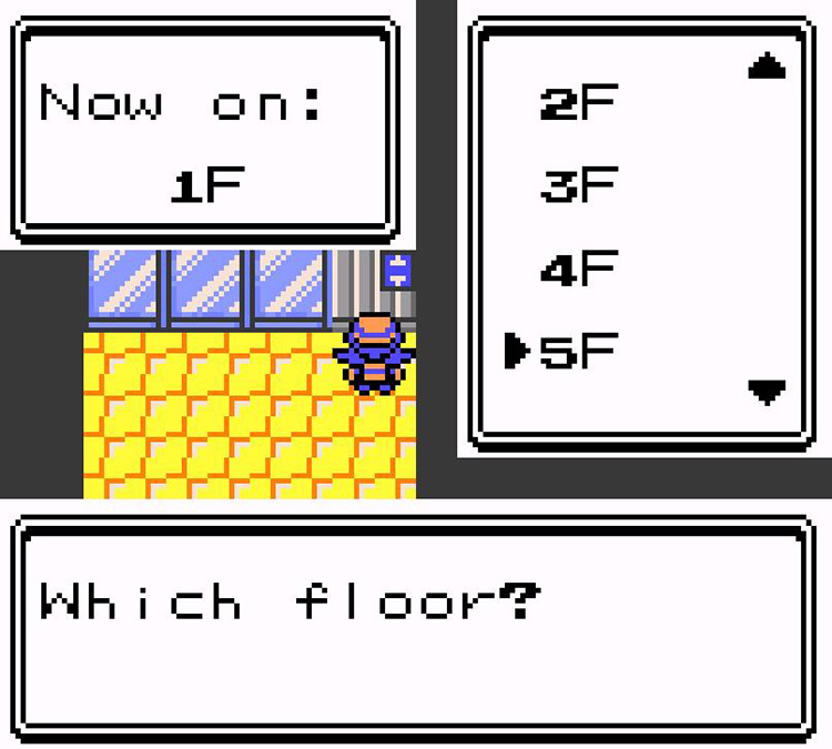 Choosing our destination in the Department Store elevator. / Pokémon Crystal