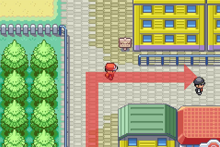 Turn east on the road above the Pokémon Center. / Pokémon FireRed and LeafGreen