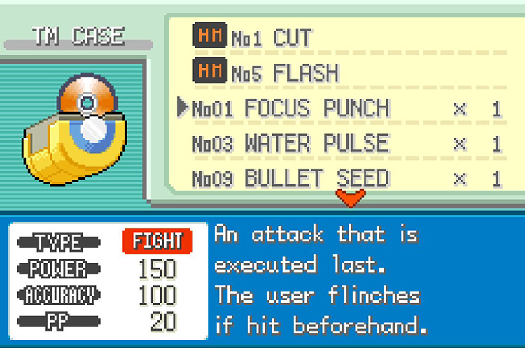 In-game details for TM01 Focus Punch. / Pokémon FireRed and LeafGreen
