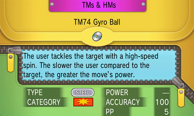 In-game details for TM74 Gyro Ball / Pokémon Omega Ruby and Alpha Sapphire