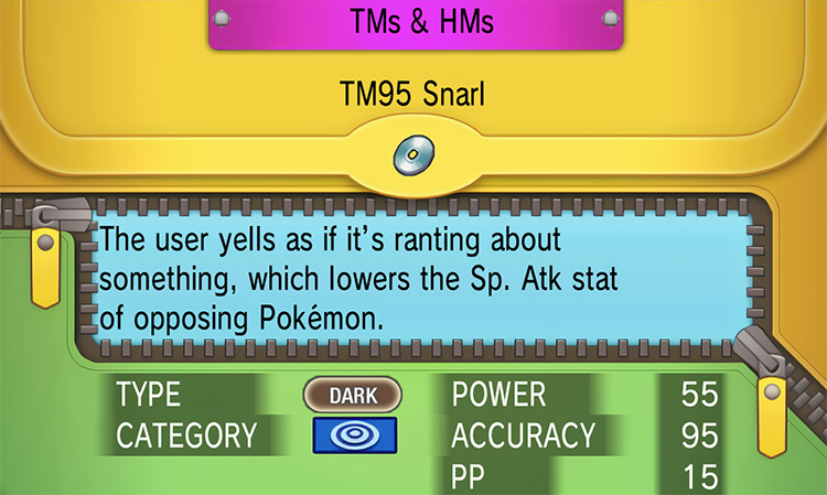 In-game details for TM95 Snarl / Pokémon Omega Ruby and Alpha Sapphire