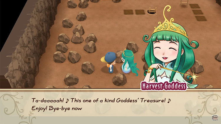 The Harvest Goddess gives the farmer the Goddess Treasure. / Story of Seasons: Friends of Mineral Town