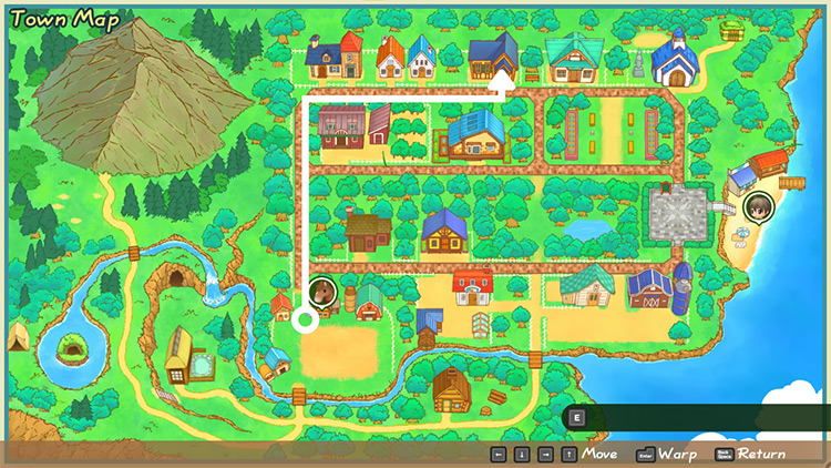Map of Mineral Town with directions to the General Store / SoS: FoMT