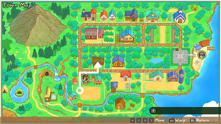 Map of Mineral Town with directions to the Forge / Story of Seasons: FoMT
