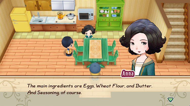 Anna teaches the farmer the recipe for Cake. / Story of Seasons: Friends of Mineral Town
