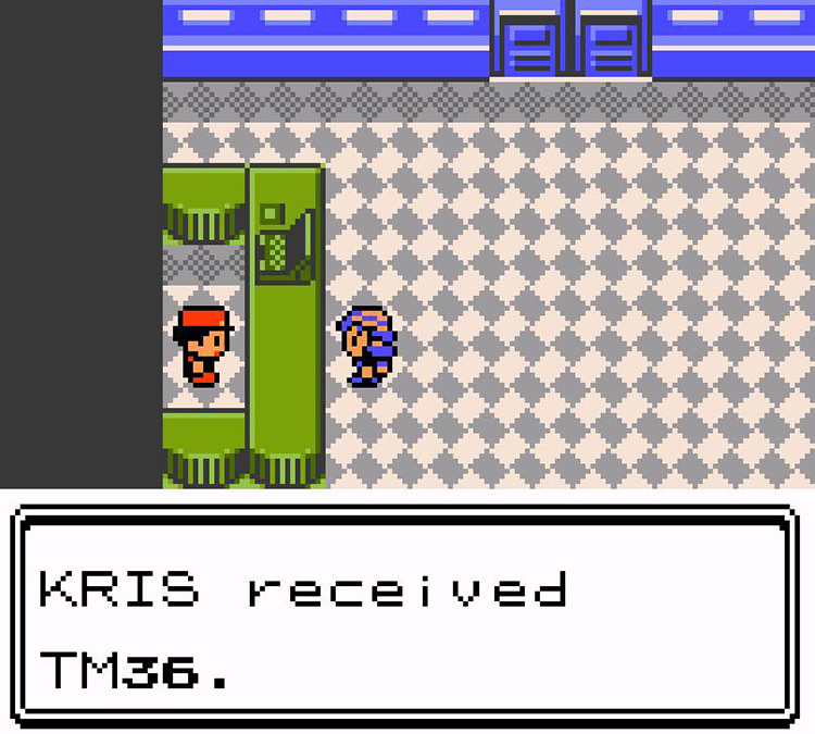 Receiving TM36 Sludge Bomb from the spooked NPC. / Pokémon Crystal