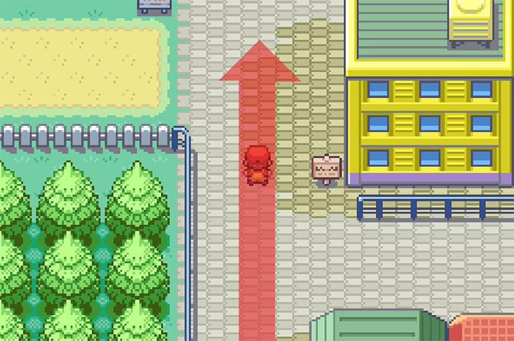 Keep north past the large yellow building. / Pokémon FireRed and LeafGreen