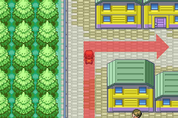 Take a right turn down the road with the accessible yellow building. / Pokémon FireRed and LeafGreen