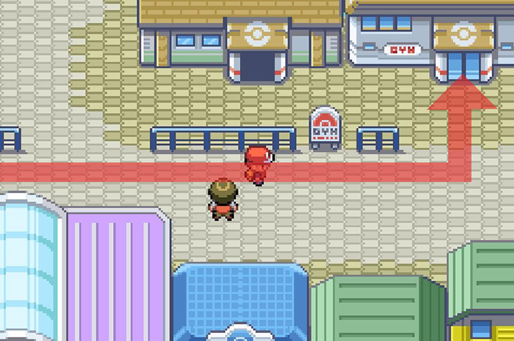 Challenge Sabrina at the Gym building with closed doors. / Pokémon FireRed and LeafGreen