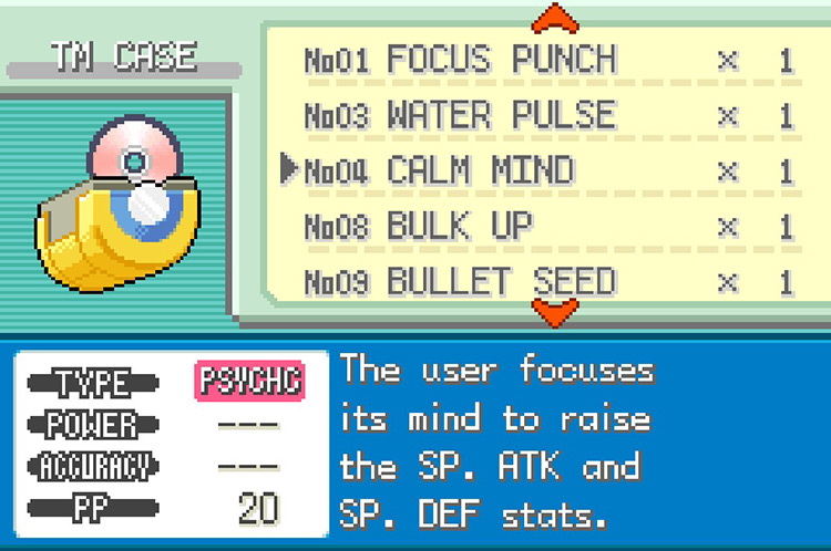 In-game details for TM04 Calm Mind. / Pokémon FireRed and LeafGreen