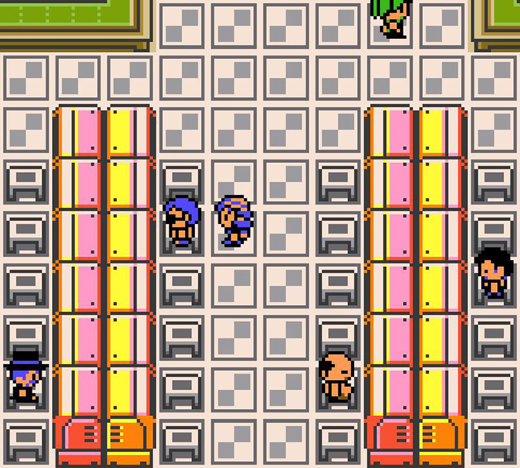 Facing the NPC that occupies the lucky machine most of the time. / Pokémon Crystal