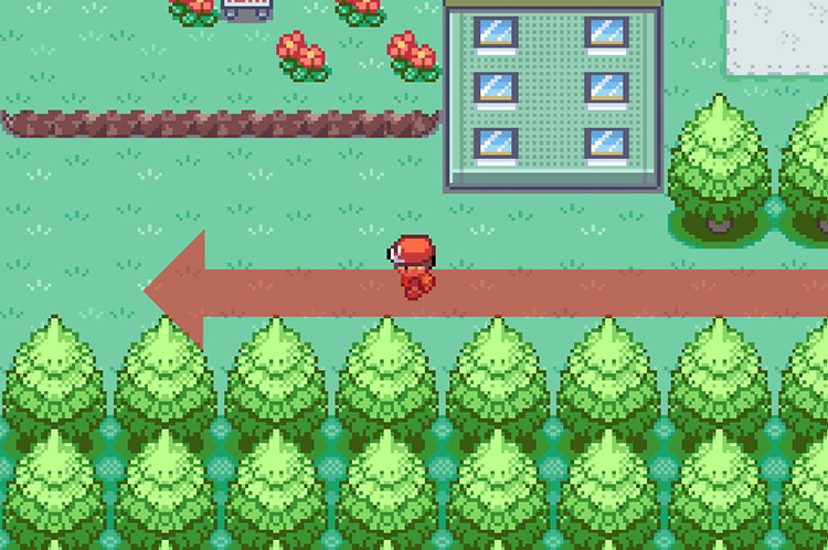 Continue west past the small building and ledge. / Pokémon FireRed and LeafGreen