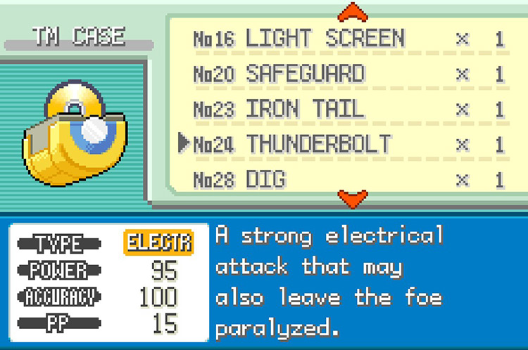 In-game details for TM24 Thunderbolt. / Pokémon FireRed and LeafGreen